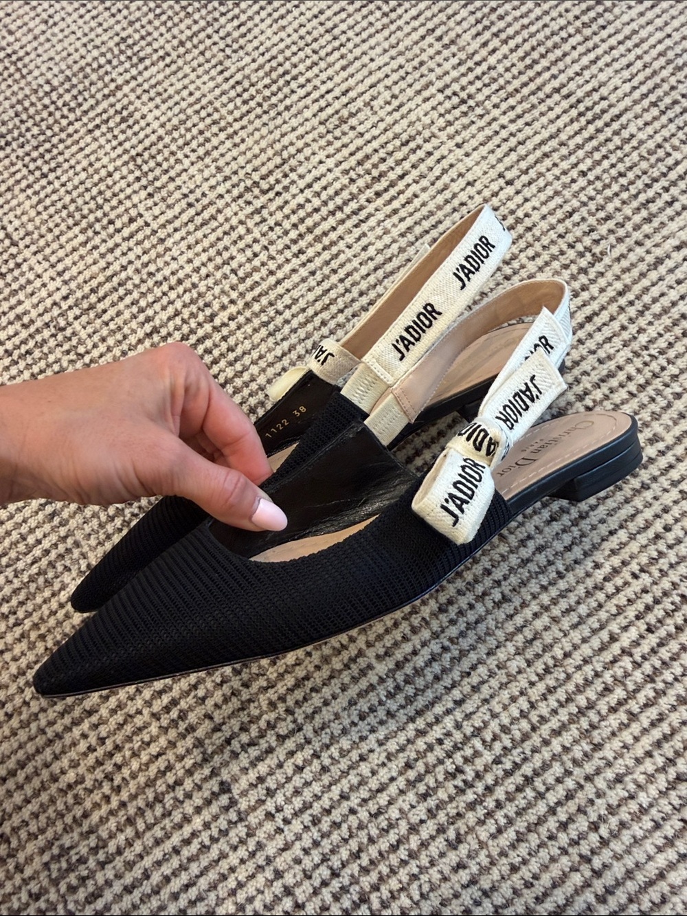 Dior Black Pointed Toe Slingback Flats with Ivory Logo Bow - Picture 2 of 4